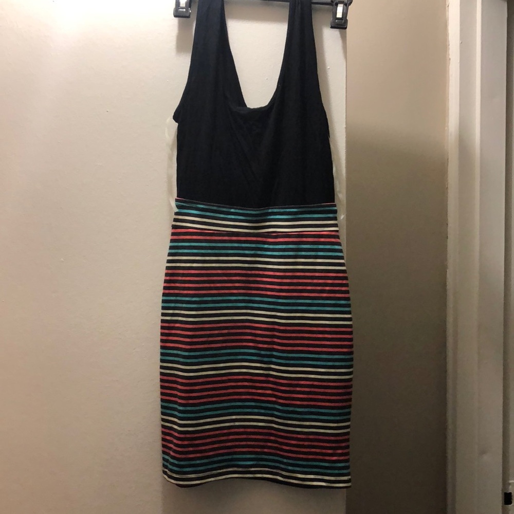 Dress with black top. Multicolored stripe skirt